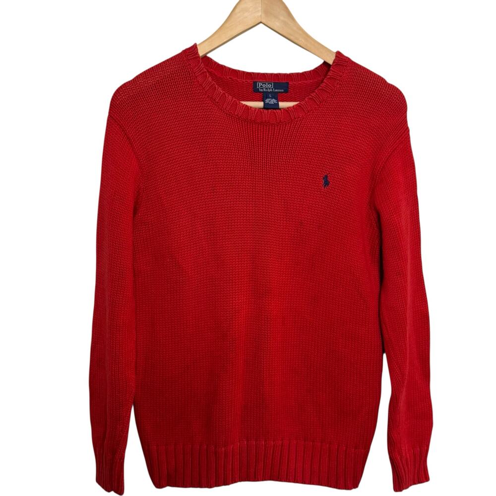 Vintage Polo by Ralph Lauren 100% Cotton Size Large Red Crew Pullover Sweater
